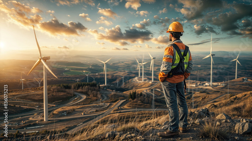 A worker in safety gear and a hard hat looks over a large landscape of wind turbines at sunset. photo