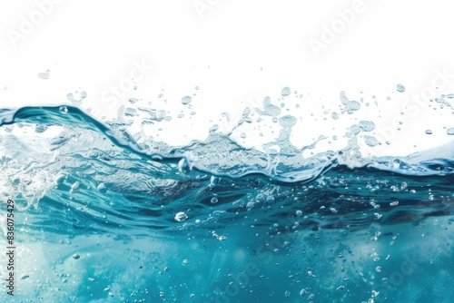 clean blue water surface with splash, ripple and air bubbles underwater on white background 