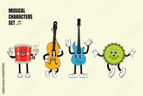 Set of character vector musical instruments in retro style