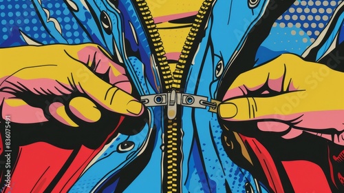 Closeup of zipping a jacket, Pop art comic style, Vivid hues, Bold outlines