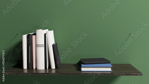 wooden shelf with many books, 3d