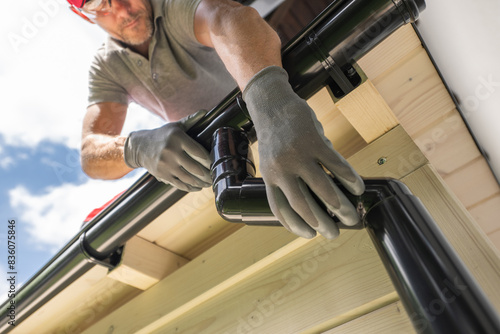 Worker Installing Gutter System on Roof