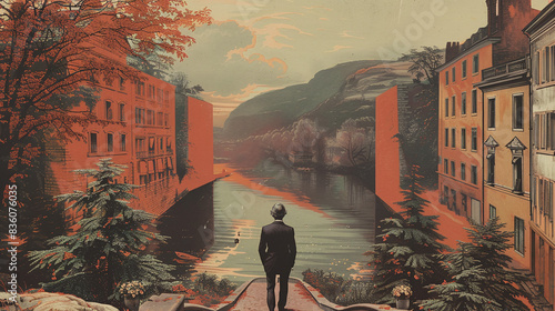 vintage illustration of Immanuel Kant taking a daily walk in the quiet town of Königsberg