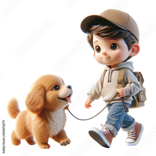 Boy leads a cute dog 3D render 