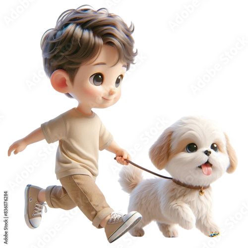 Boy leads a cute dog 3D render 