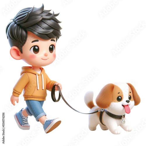 Boy leads a cute dog 3D render 