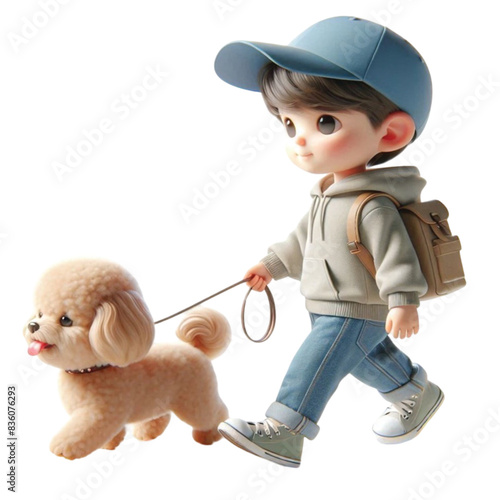 Boy leads a cute dog 3D render 