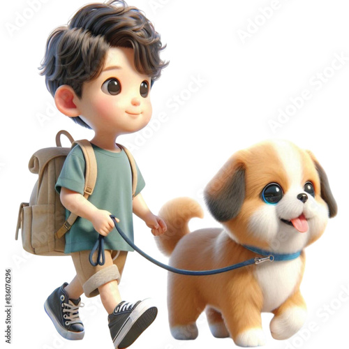 Boy leads a cute dog 3D render 