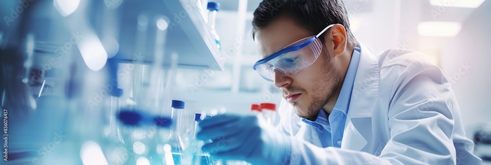 Focused scientist pipetting a blue substance in a modern lab Focused scientist pipetting a blue substance in a modern lab