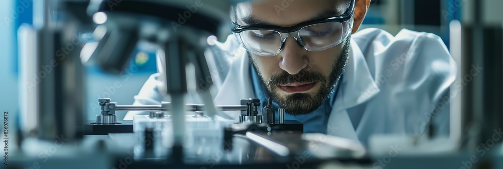 A close-up shot of a scientist investigating a specimen with a high-powered microscope in a laboratory setting A close-up shot of a scientist investigating a specimen with a high-powered microscope in a laboratory setting