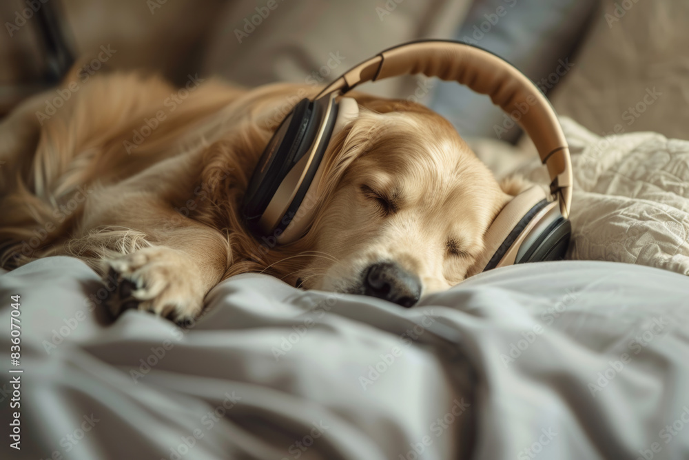 Obraz premium Golden retriever relaxing with headphones on a cozy bed, enjoying music.