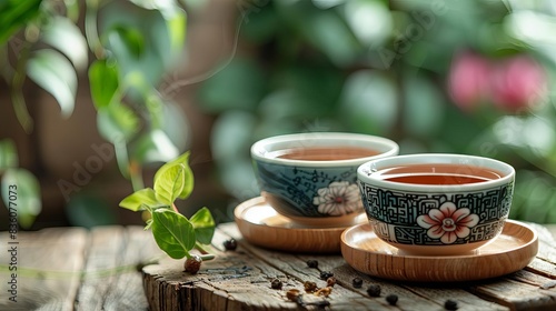 Two cups of tea on a wooden table, surrounded by greenery.