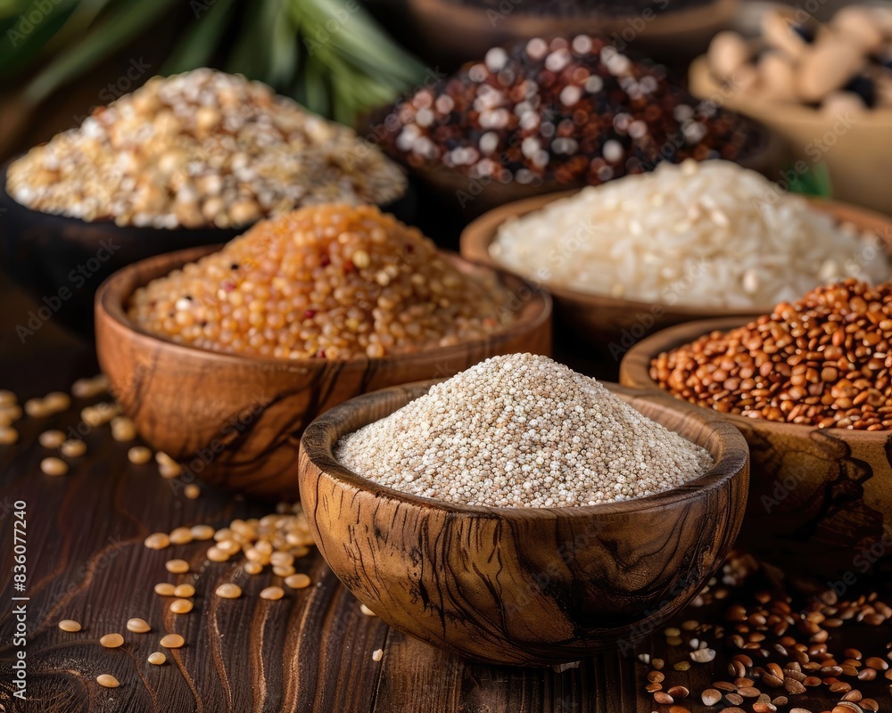 Assortment of whole grains including rice, quinoa, and oats, in rustic wooden bowls, Assortment of whole grains including rice, quinoa, and oats, in rustic wooden bowls,