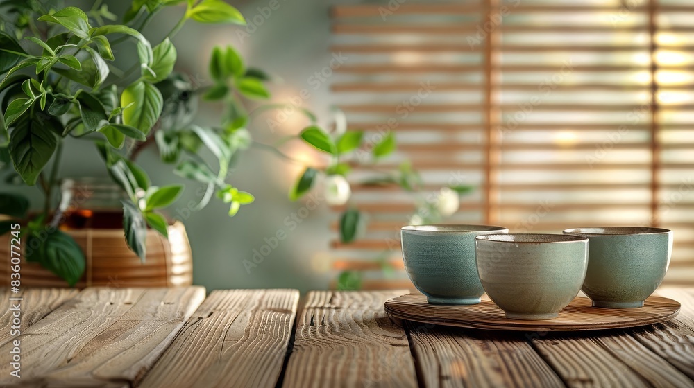 Four teacups on a wooden table with a plant in the background. Four teacups on a wooden table with a plant in the background.