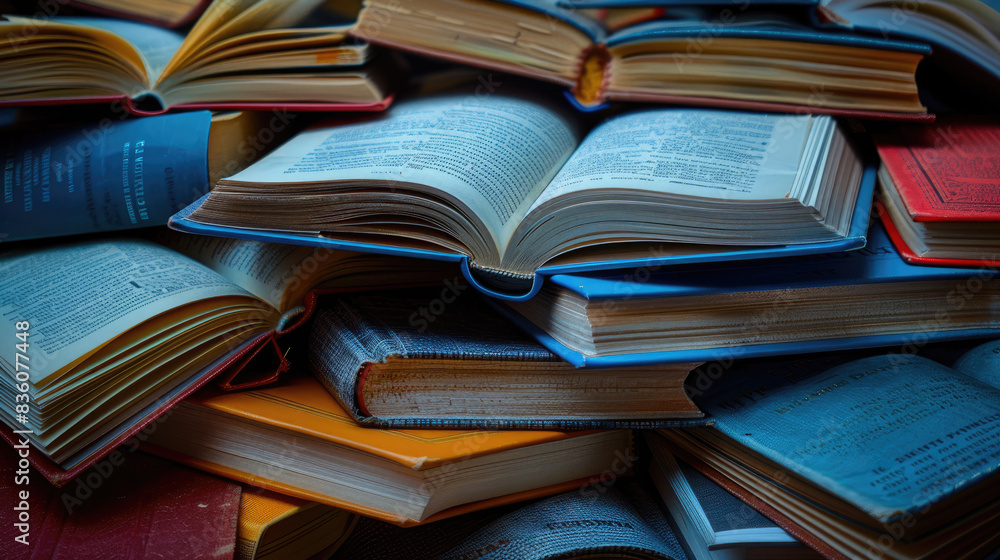 A stack of open textbooks, detailed pages and covers, top view, showcasing knowledge and study A stack of open textbooks, detailed pages and covers, top view, showcasing knowledge and study