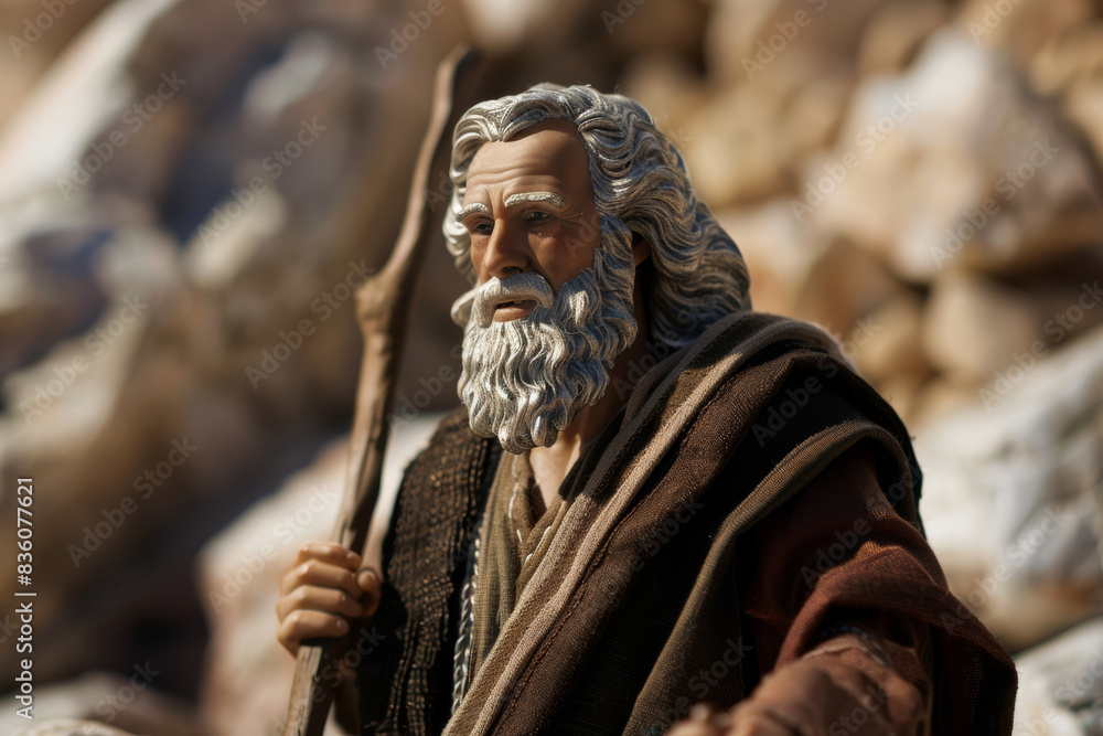 Naklejka premium Detailed figurine of a bearded elder with a staff against a rocky background.