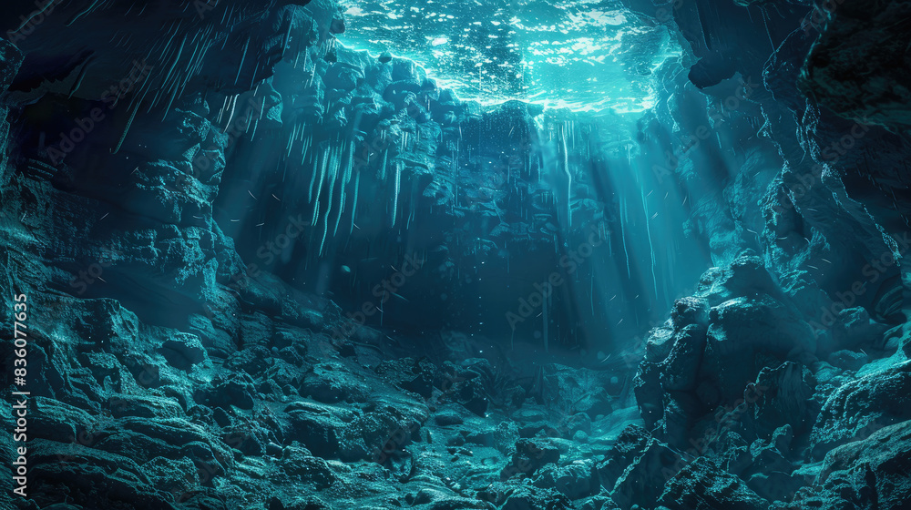Enchanting underwater cave with mysterious formations Enchanting underwater cave with mysterious formations