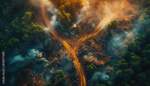 Visual representation of environmental harm, top view, showcasing polluted landscapes and deforestation, emphasizing the impact of human activity, digital tone, vivid