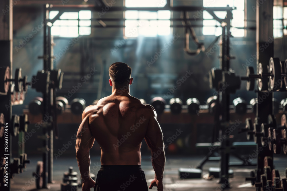 Back view of a muscular man in a gym atmosphere. Back view of a muscular man in a gym atmosphere.