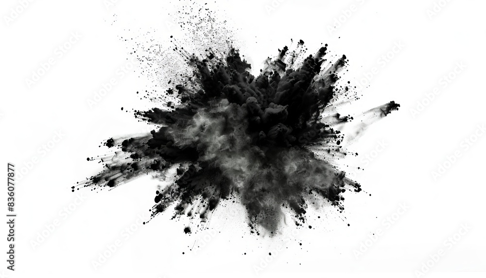 Charcoal Chaos: A Closeup of Black Powder Explosion on White Background Charcoal Chaos: A Closeup of Black Powder Explosion on White Background