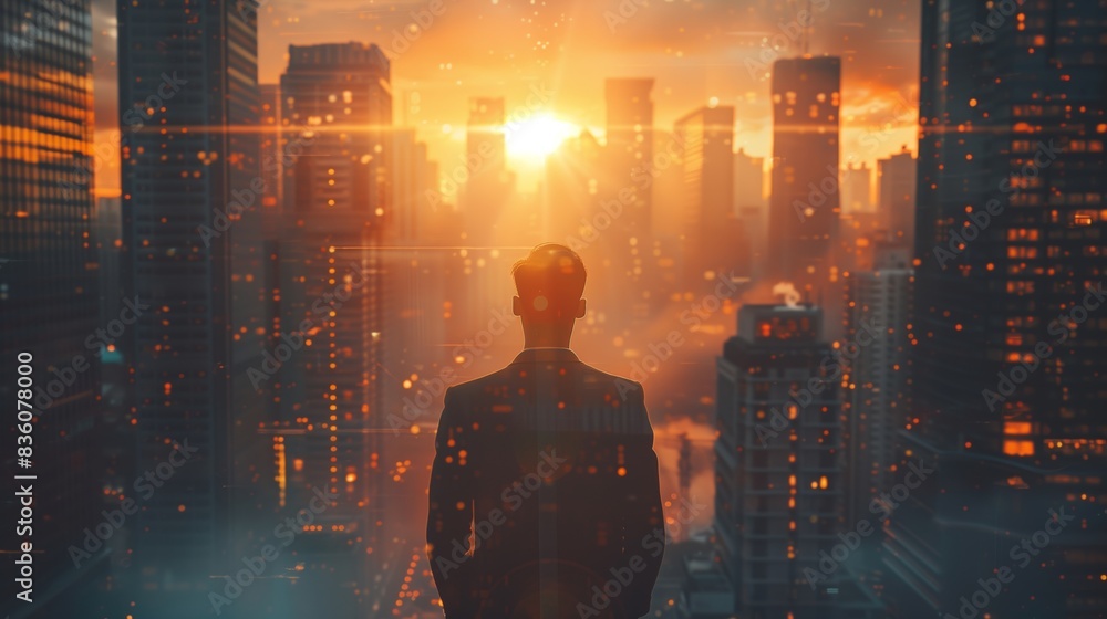 Businessman standing in front of skyscrapers and looking at the city with sunlight shining through it. Young businessman looking at cityscape. Concept business success, leadership. Businessman standing in front of skyscrapers and looking at the city with sunlight shining through it. Young businessman looking at cityscape. Concept business success, leadership.