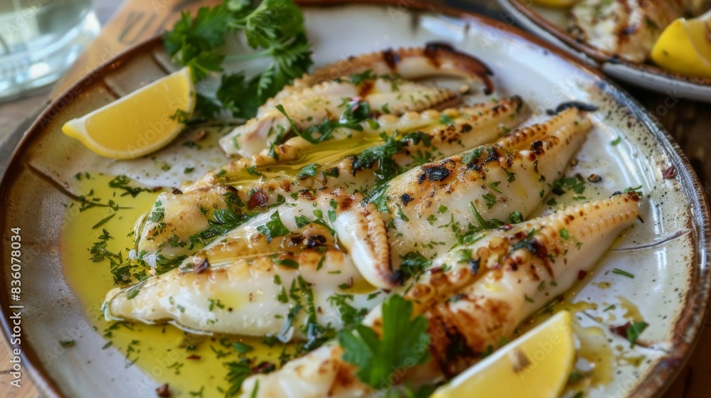 A plate of grilled squid served with fresh herbs, lemon wedges, and a drizzle of olive oil, on a rustic wooden table overlooking the sea. A plate of grilled squid served with fresh herbs, lemon wedges, and a drizzle of olive oil, on a rustic wooden table overlooking the sea.