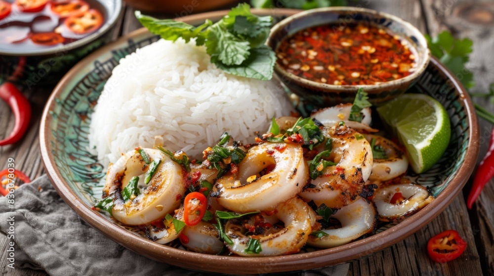 A plate of grilled squid served with steamed rice and spicy dipping sauce, garnished with fresh herbs and sliced chili peppers, on a wooden table. A plate of grilled squid served with steamed rice and spicy dipping sauce, garnished with fresh herbs and sliced chili peppers, on a wooden table.