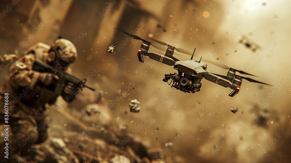 Soldier operating a drone amidst a fiery battlefield with intense flames in the background. Soldier operating a drone amidst a fiery battlefield with intense flames in the background.