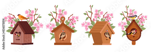 Birds houses on blooming tree. Wooden bird nest, cute handcrafted birdhouse on tree branch flat vector illustration set. Cartoon bird home feeders collection