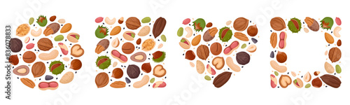 Cartoon nuts frames. Peanut, walnut, almond and pistachio circle, heart and square frames flat vector illustration set. Tasty nuts snacks geometric shapes