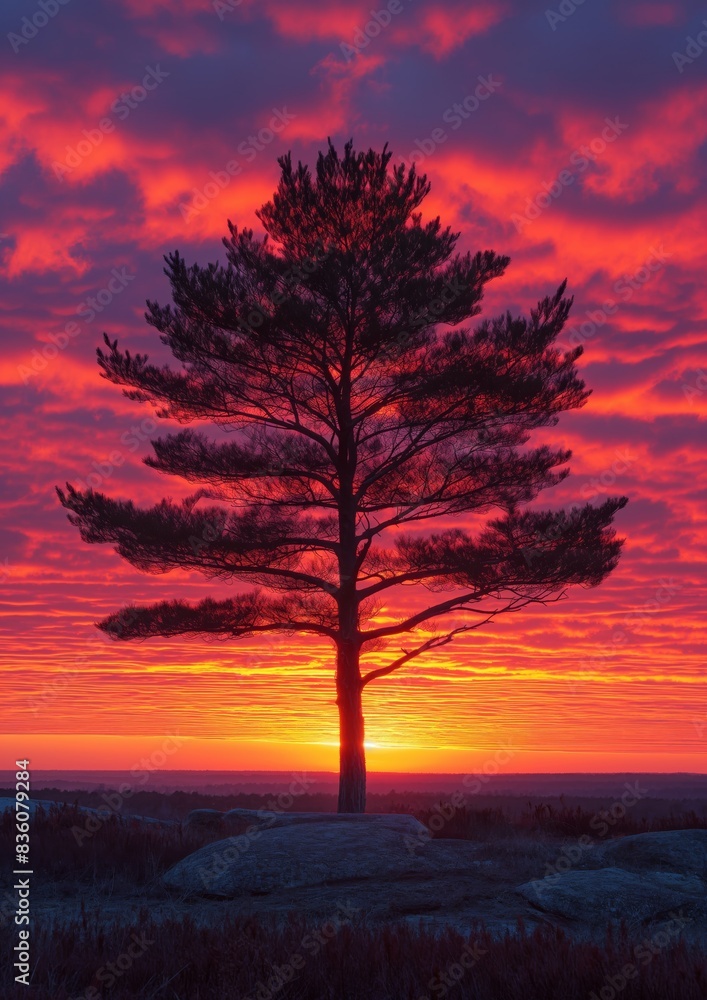 Obraz premium Realistically and meticulously crafted, this minimalist nature silhouette showcases a lone tree against a vibrant sunset.