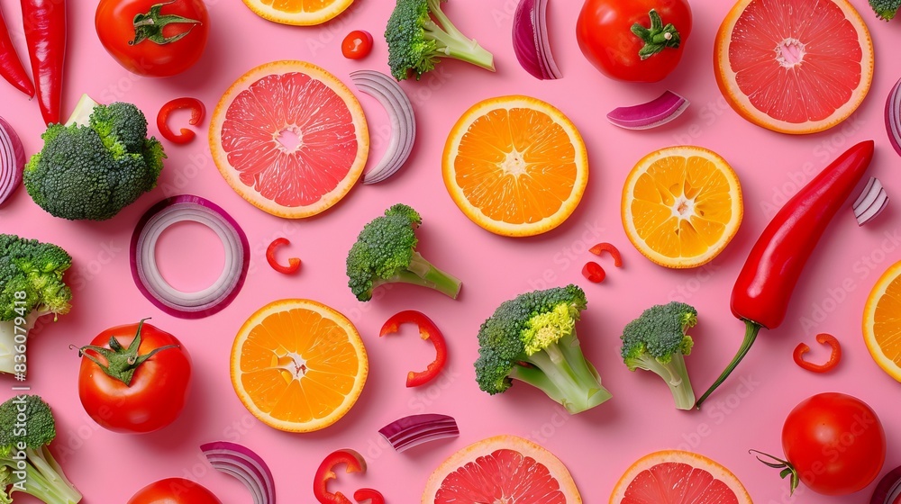 The vibrant food pattern on this striking flat lay is made up of broccoli, orange slices, red peppers, onions, and tomatoes. The vibrant food pattern on this striking flat lay is made up of broccoli, orange slices, red peppers, onions, and tomatoes.