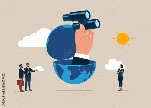 Open globe using binoculars looking for future vision. International opportunity for business, work or investment, searching for oversea business concept. Flat vector illustration