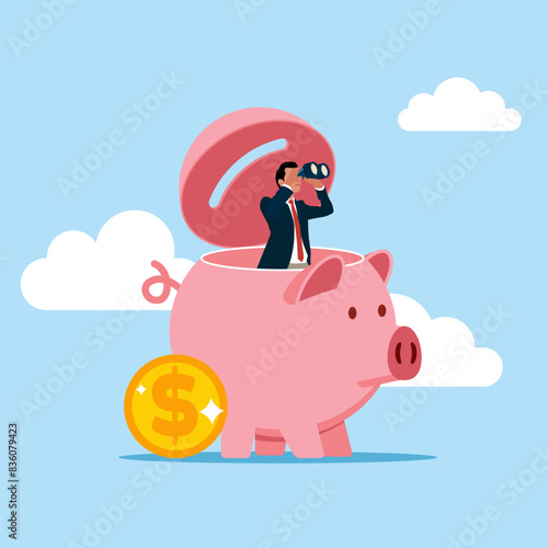 Businessman open piggy bank using binoculars to see investing money. Vector illustration