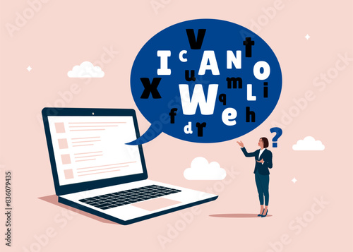 Online talk with jargon word in speech bubble dialog make woman confused. Complicated conversation, difficult to explain. Vector illustration.