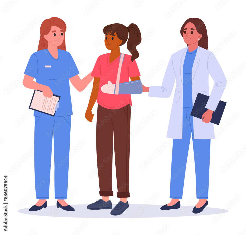 Medical workers with patient. Female doctors and patient with plastered hand flat vector illustration. Medical emergency room appointment Medical workers with patient. Female doctors and patient with plastered hand flat vector illustration. Medical emergency room appointment