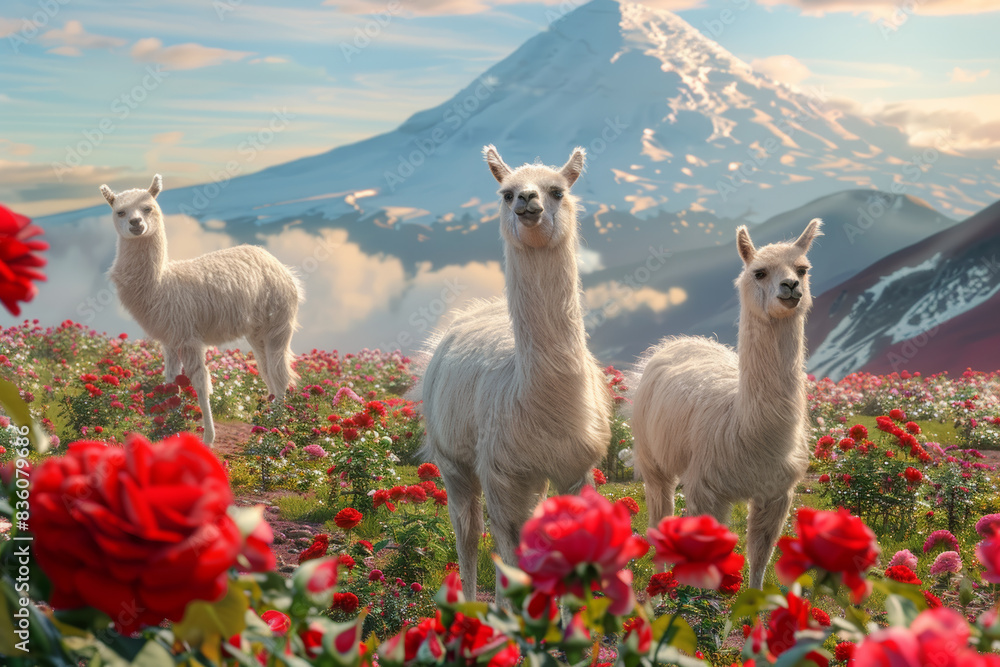 Fototapeta premium A serene trio of llamas amidst a vibrant field of red flowers with a majestic snow-capped mountain backdrop.