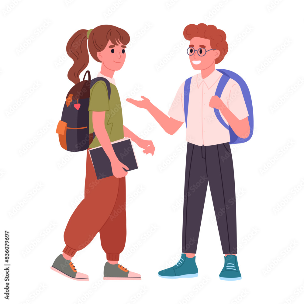 Middle school students. School students with backpacks and books talking to each other flat vector illustration. Junior high school pupils Middle school students. School students with backpacks and books talking to each other flat vector illustration. Junior high school pupils