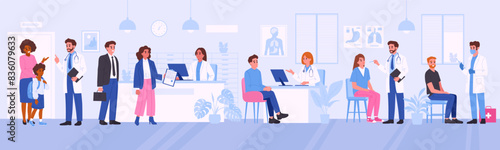 Medical appointment. Doctor consultation, tests and medical research, patients at medical clinic flat vector illustration. Healthcare and medicine concept