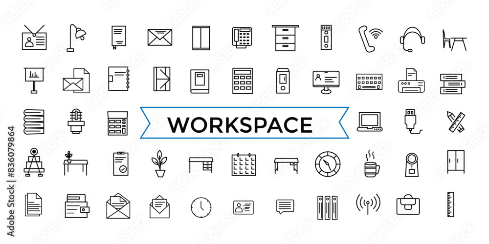 Office workspace elements line web icon set. Outline icons pack. Icon collection. Editable vector icon and illustration. Office workspace elements line web icon set. Outline icons pack. Icon collection. Editable vector icon and illustration.