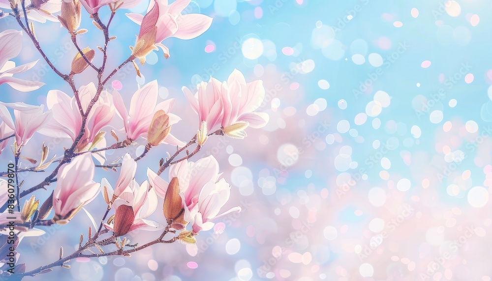Spring Serenity: Magnolia Tree Blooms against Pastel Skies and Pink Background Spring Serenity: Magnolia Tree Blooms against Pastel Skies and Pink Background