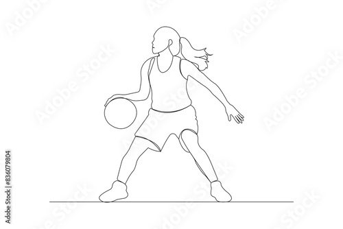 Professional basketball player Continuous line drawing. Girl playing basketball outline vector isolated on white background.