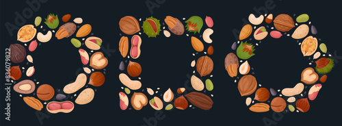 Nuts frames. Cartoon walnut, almond, pistachio and hazelnut frames of circle heart and square shapes flat vector illustration set. Tasty nuts snacks frames