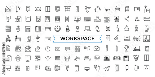 Office workspace elements line web icon set. Outline icons pack. Icon collection. Editable vector icon and illustration.