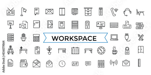 Office workspace elements line web icon set. Outline icons pack. Icon collection. Editable vector icon and illustration. photo
