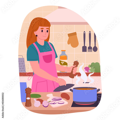 Woman cooking at home. Female character preparing food at home, woman cooking tasty dishes flat vector illustration. Homemade meal preparation