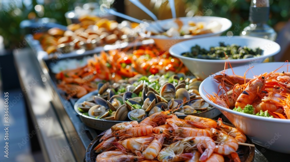 A seafood barbecue buffet with grilled shrimp, clams, and squid, served with a variety of sauces and accompaniments on a sunny terrace.