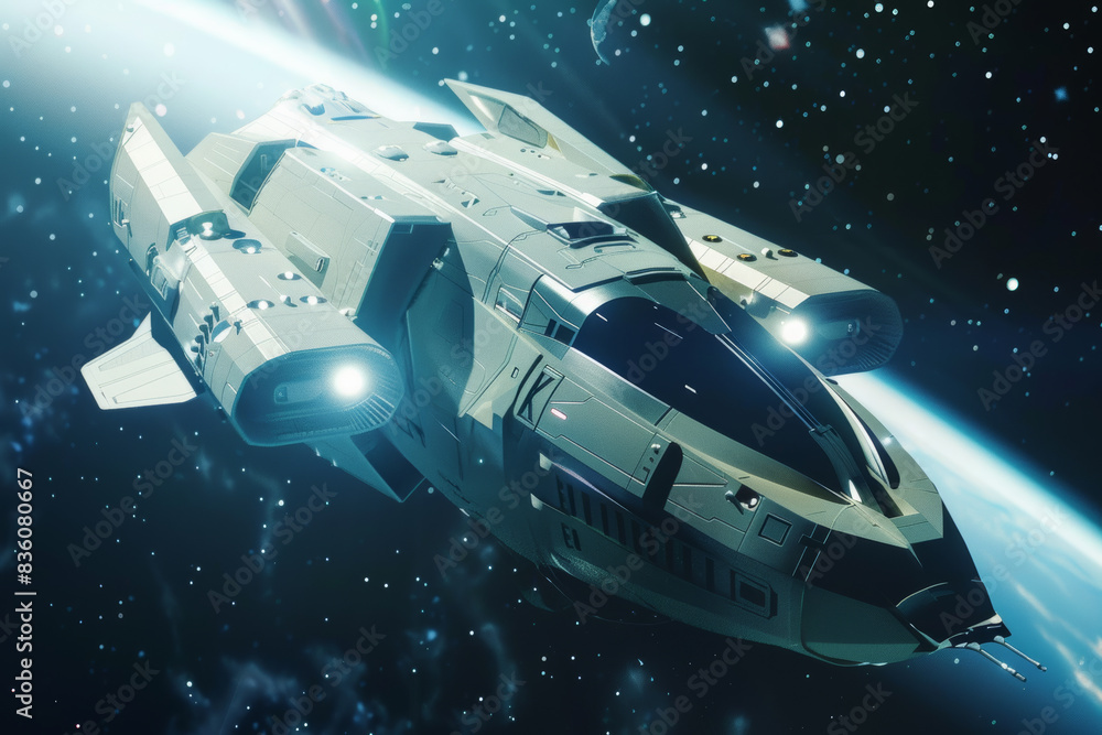 A futuristic spaceship travels through the cosmos, stars glowing in the background. A futuristic spaceship travels through the cosmos, stars glowing in the background.