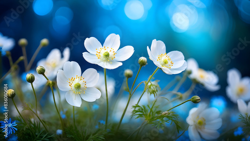 White seasonal wild chrysanthemum macro blue background