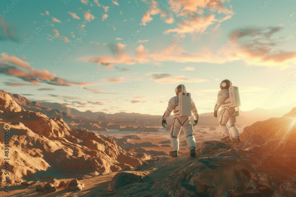 Obraz premium Astronauts exploring rocky alien terrain at sunset, evoking a sci-fi adventure.